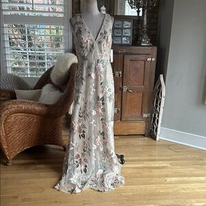 Jenny Yoo Blush and Green Floral Embroidered V-Neck Gown